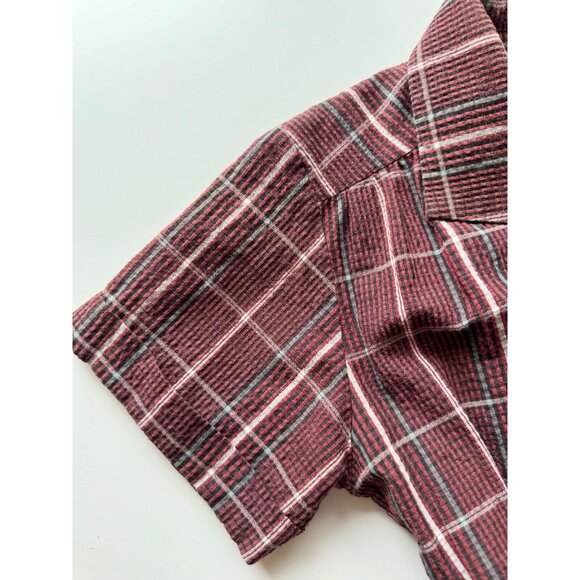 MOUSSY Dark Red Burgundy Check Cotton Seersucker Retro Midi Shirt Dress, Size M - Picture 7 of 13